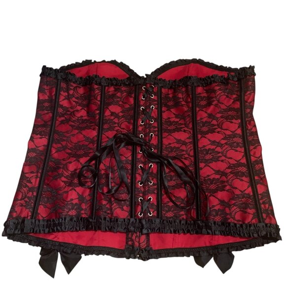Corset Bustier Red & Black Lace Ruffle Trim Bow Accents Hook Front Closure Sz 6X - Picture 5 of 11
